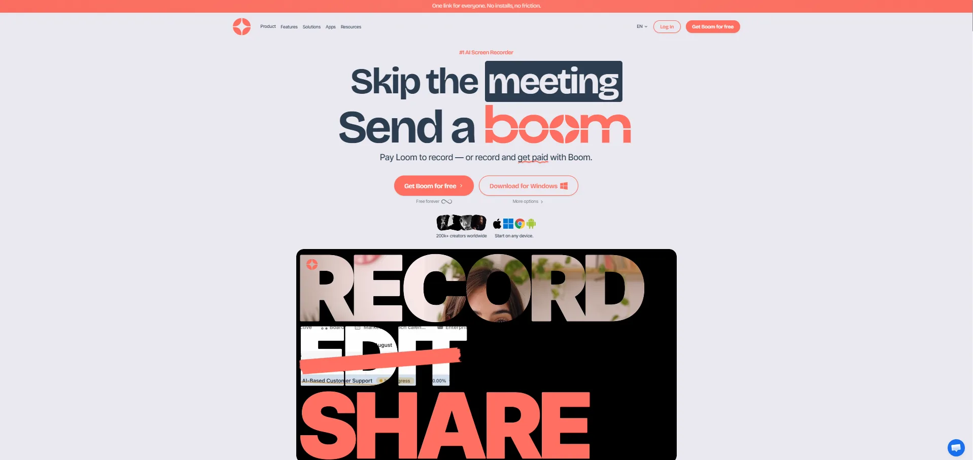 Boom's marketing site, headlined “Skip the meeting, Send a boom” above its record, edit and share screens