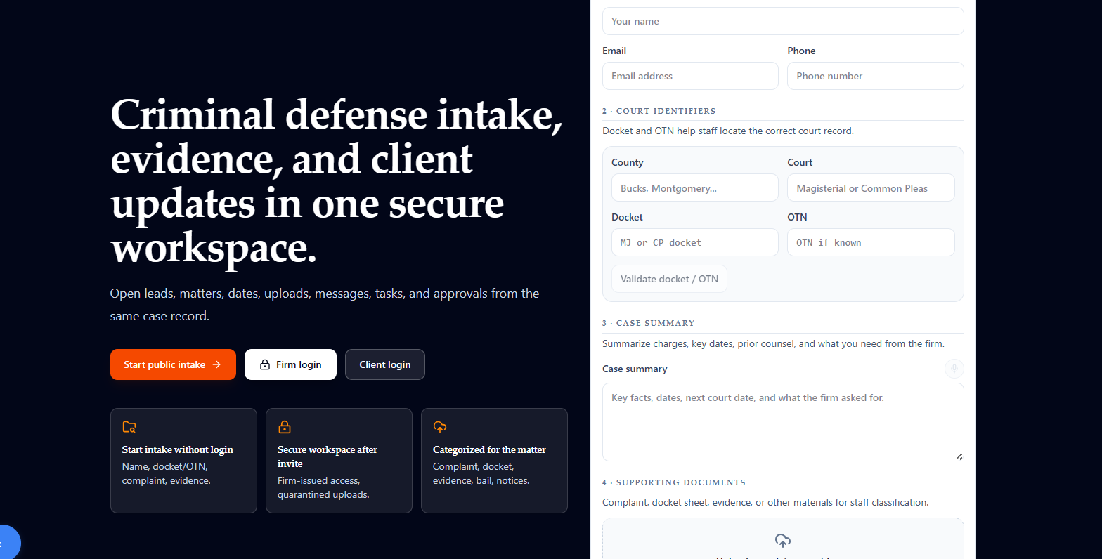 A criminal defence workspace with a client intake form for court identifiers, case summary and supporting documents