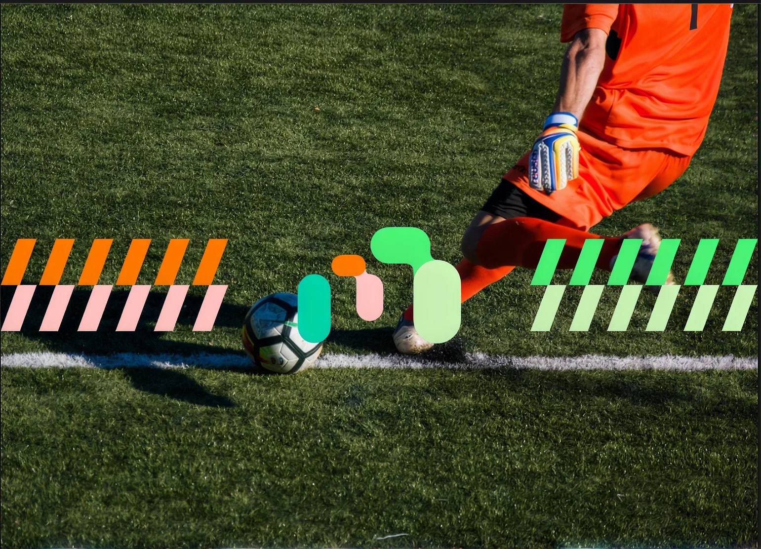 Machine Football: a player striking a ball on a pitch, overlaid with the platform's graphic motifs