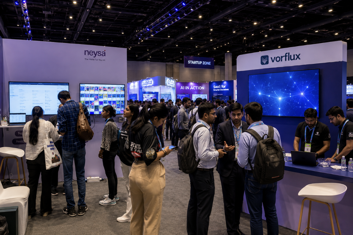 Startup founders showcasing AI products during Mumbai Tech Week.
